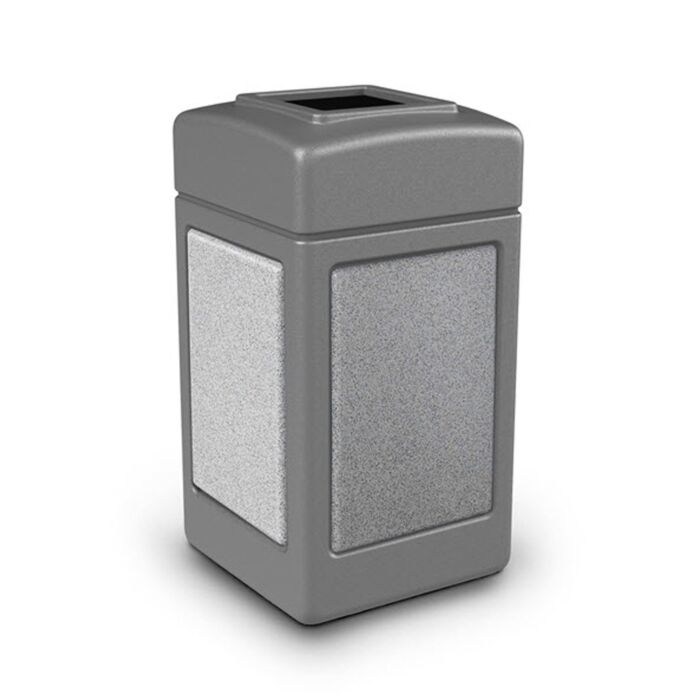 PolyTec™ Trash Container, 42-Gallon Square, Stone Panels, Open-Top Lid