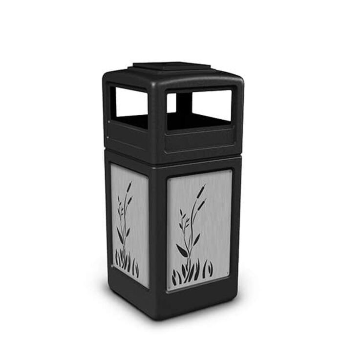 PolyTec™ Trash Container, 42-Gallon Square, Stainless Steel Panels, Cattails, Ashtray Lid