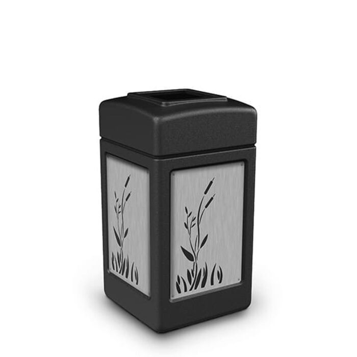 PolyTec™ Trash Container, 42-Gallon Square, Stainless Steel Panels, Cattails, Open-Top Lid
