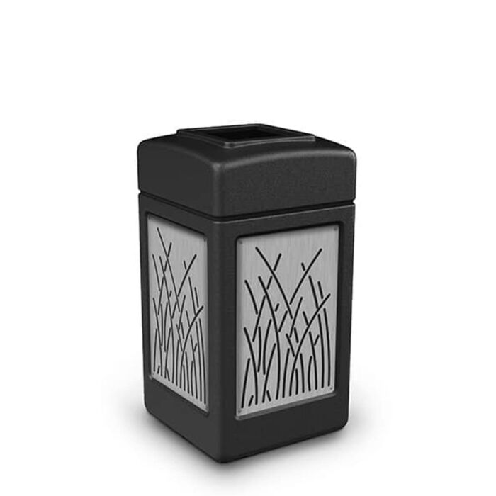 PolyTec™ Trash Container, 42-Gallon Square, Stainless Steel Panels, Reeds, Open-Top Lid