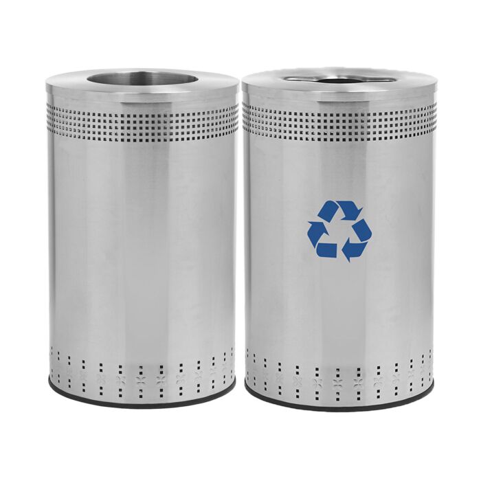 Precision Series® Imprinted Trash and Recycling Containers, Stainless Steel, 45-Gallon Round, Open-Top Lid