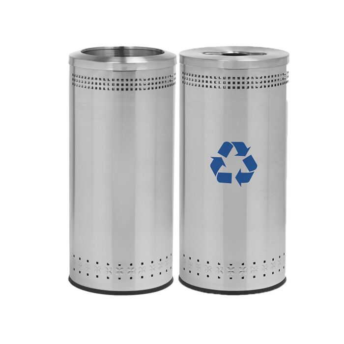 Precision Series® Imprinted Trash and Recycling Containers, Stainless Steel, 25-Gallon Round, Open-Top Lid