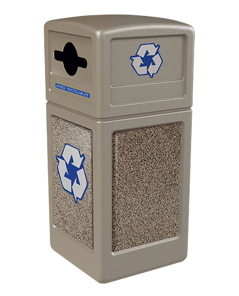 Product Image for beige Ploytec recycling container with pepperstone stone panels and a slot with circle opening