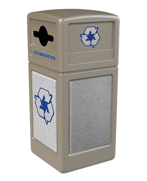 Product Image for beige Ploytec recycling container with ashtone stone panels and a slot with circle opening