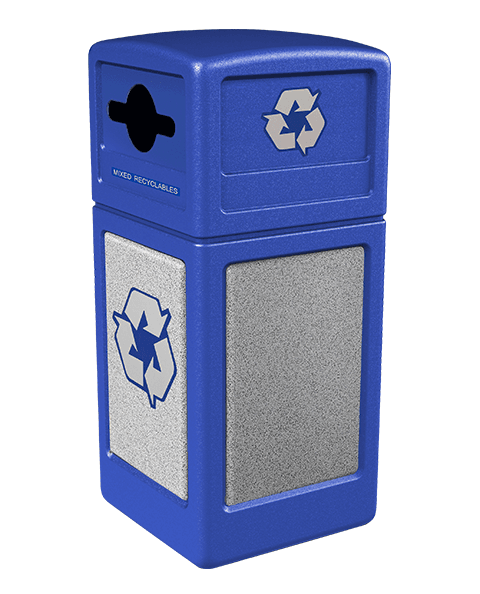 Product Image for blue Ploytec recycling container with ashtone stone panels and a slot with circle opening