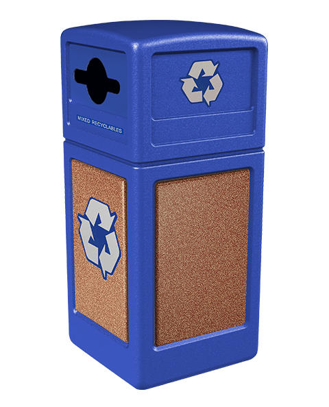 Product Image for blue Ploytec recycling container with sedona stone panels and a slot with circle opening