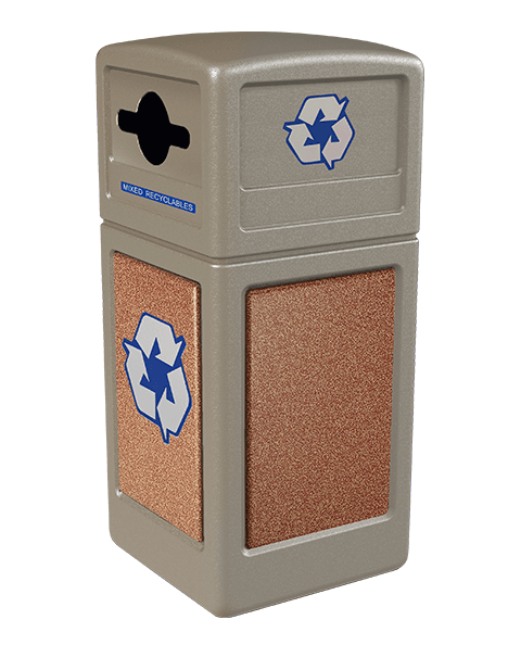 Product Image for beige Ploytec recycling container with sedona stone panels and a slot with circle opening