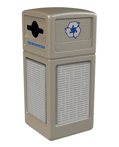 Product Image for beige Ploytec recycling container with horizontal line stainless steel panels and a slot with circle opening