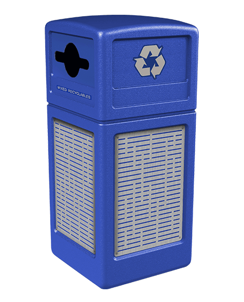 Product Image for blue Ploytec recycling container with horizontal line stainless steel panels and a slot with circle opening
