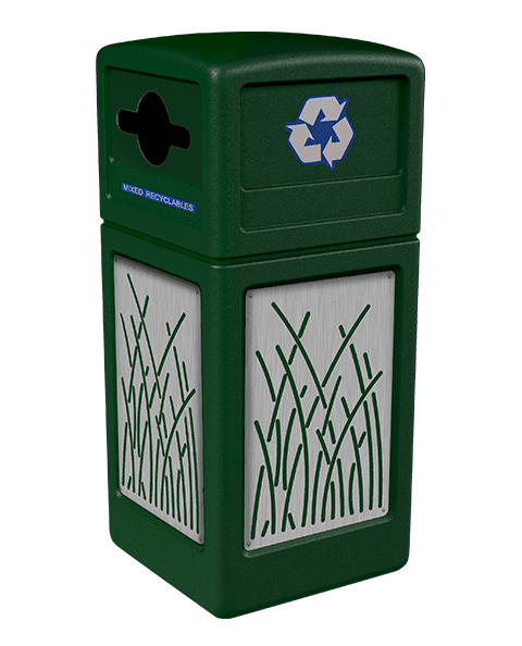 Product Image for green Ploytec recycling container with reed design stainless steel panels and a slot with circle opening
