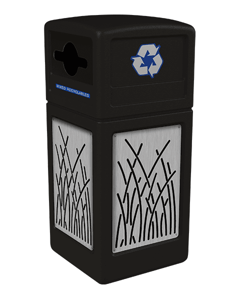 Product Image for black Ploytec recycling container with reed design stainless steel panels and a slot with circle opening