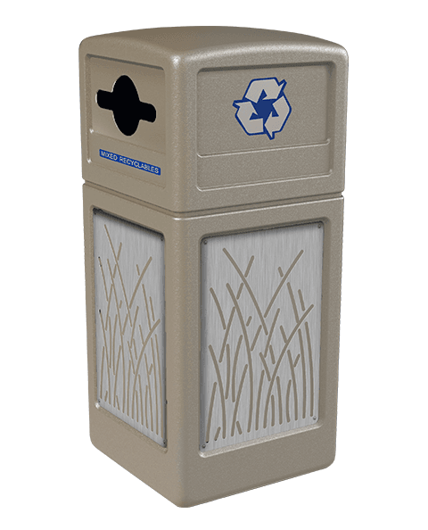 Product Image for beige Ploytec recycling container with reed design stainless steel panels and a slot with circle opening