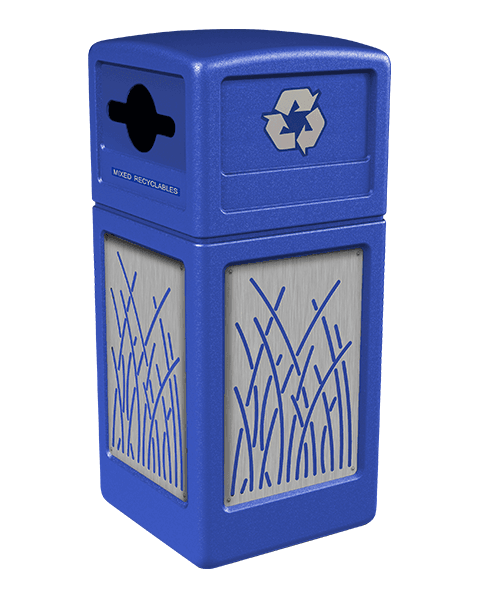 Product Image for blue Ploytec recycling container with reed design stainless steel panels and a slot with circle opening