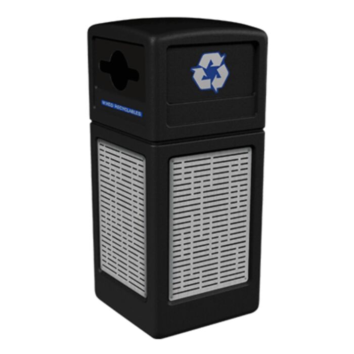 PolyTec™ Recycling Container, 42-Gallon Square, Stainless Steel Panels, Dome Lid, Mixed Recycling Opening
