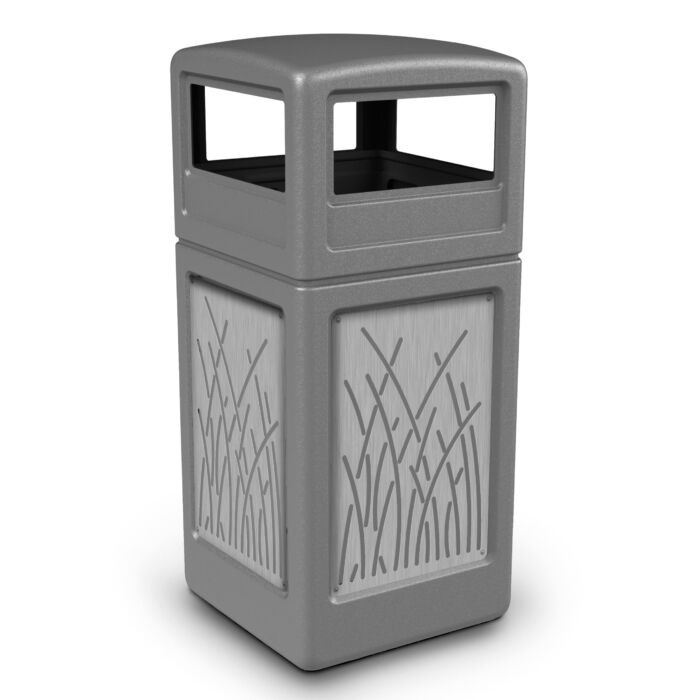 PolyTec™ Trash Container, 42-Gallon Square, Stainless Steel Panels, Reeds, Dome Lid - Image 6