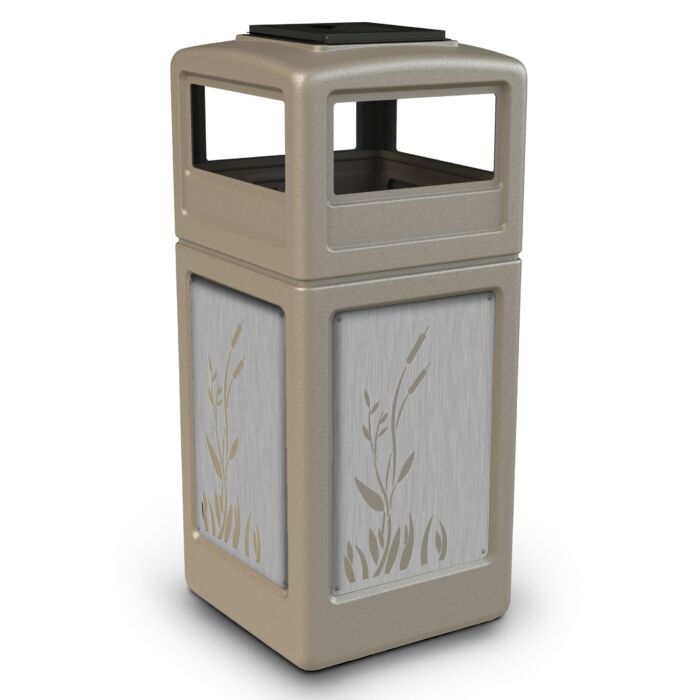 PolyTec™ Trash Container, 42-Gallon Square, Stainless Steel Panels, Cattails, Ashtray Lid - Image 3