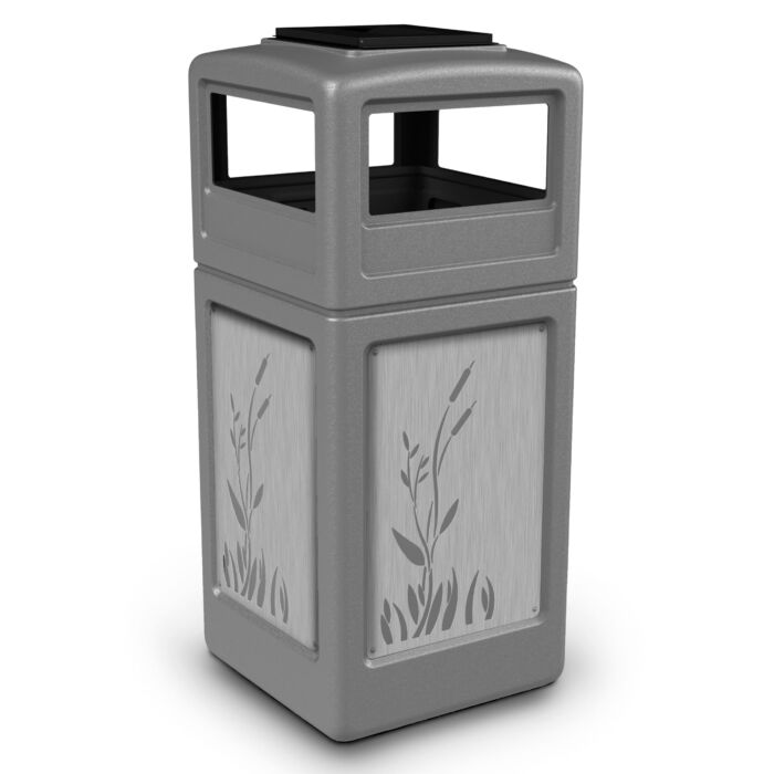 PolyTec™ Trash Container, 42-Gallon Square, Stainless Steel Panels, Cattails, Ashtray Lid - Image 4