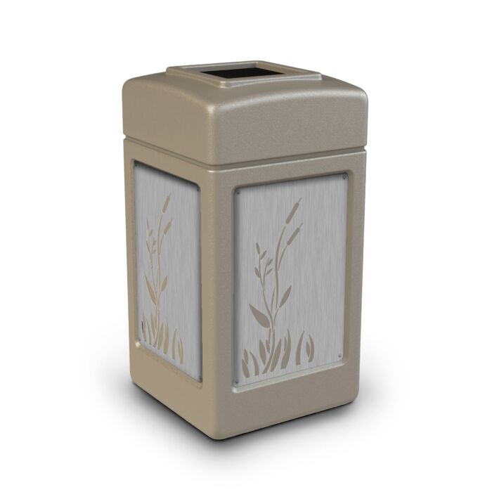PolyTec™ Trash Container, 42-Gallon Square, Stainless Steel Panels, Cattails, Open-Top Lid - Image 4