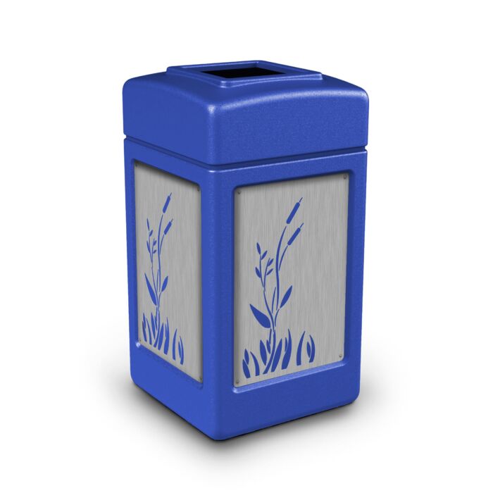 PolyTec™ Trash Container, 42-Gallon Square, Stainless Steel Panels, Cattails, Open-Top Lid - Image 5