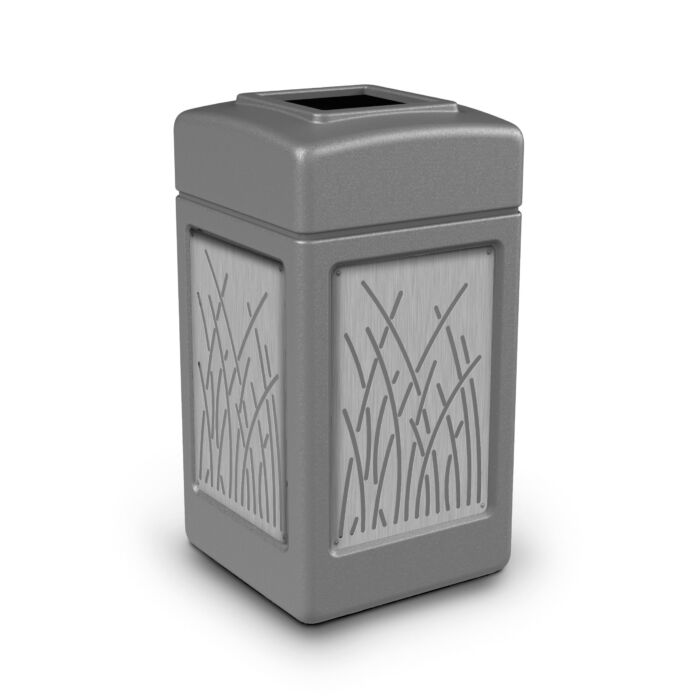 PolyTec™ Trash Container, 42-Gallon Square, Stainless Steel Panels, Reeds, Open-Top Lid - Image 6