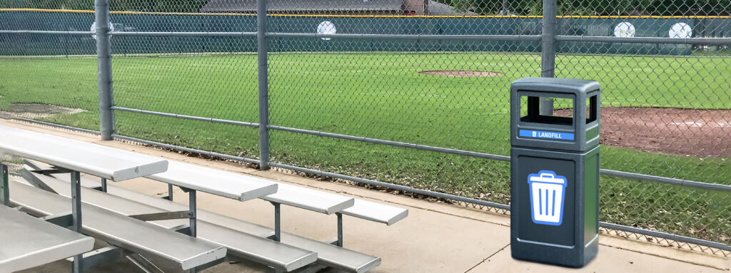 trash receptacle at a sports field