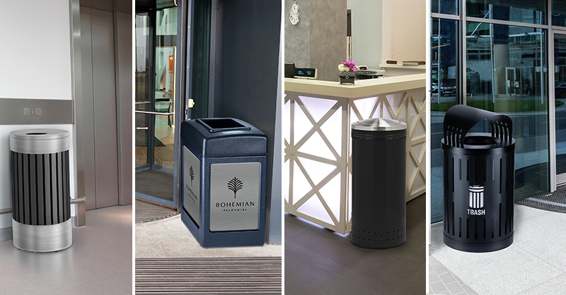 Four trash receptacles in different hotel environments