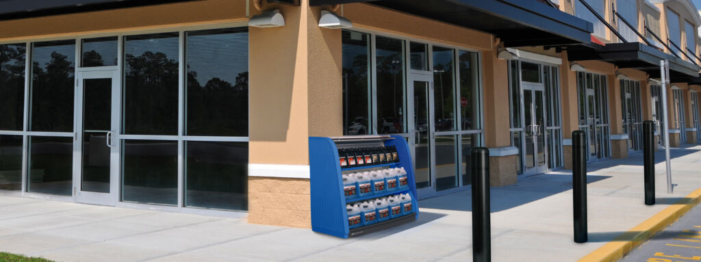 merchandisers and bollard covers outside of a convenience store