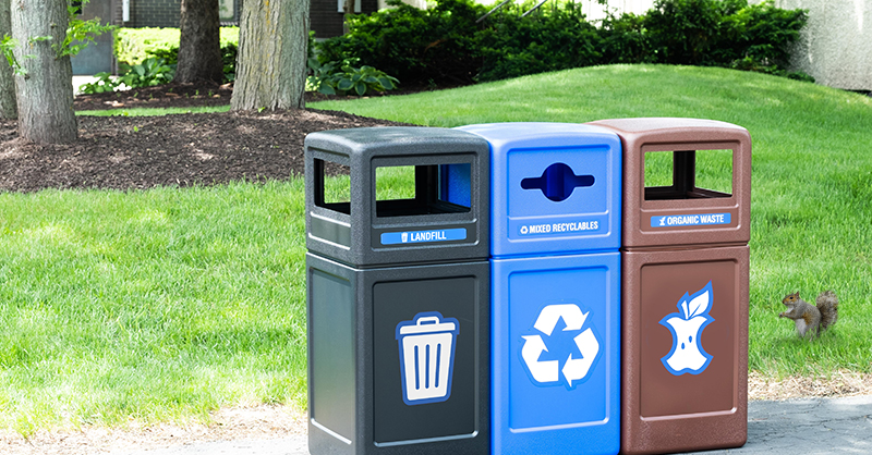 multi-stream waste and recycling receptacles with a squirrel next to them