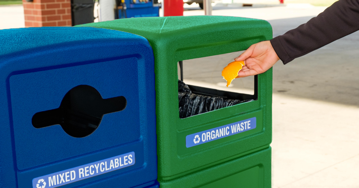 a side-by-side recycling and compost receptacles, green and blue
