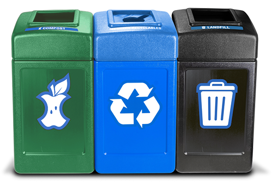 green, blue and black waste containers side by side