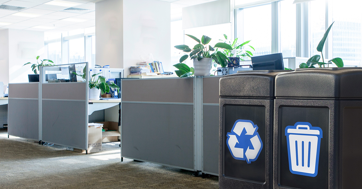 trash and recycling receptacles inside a business