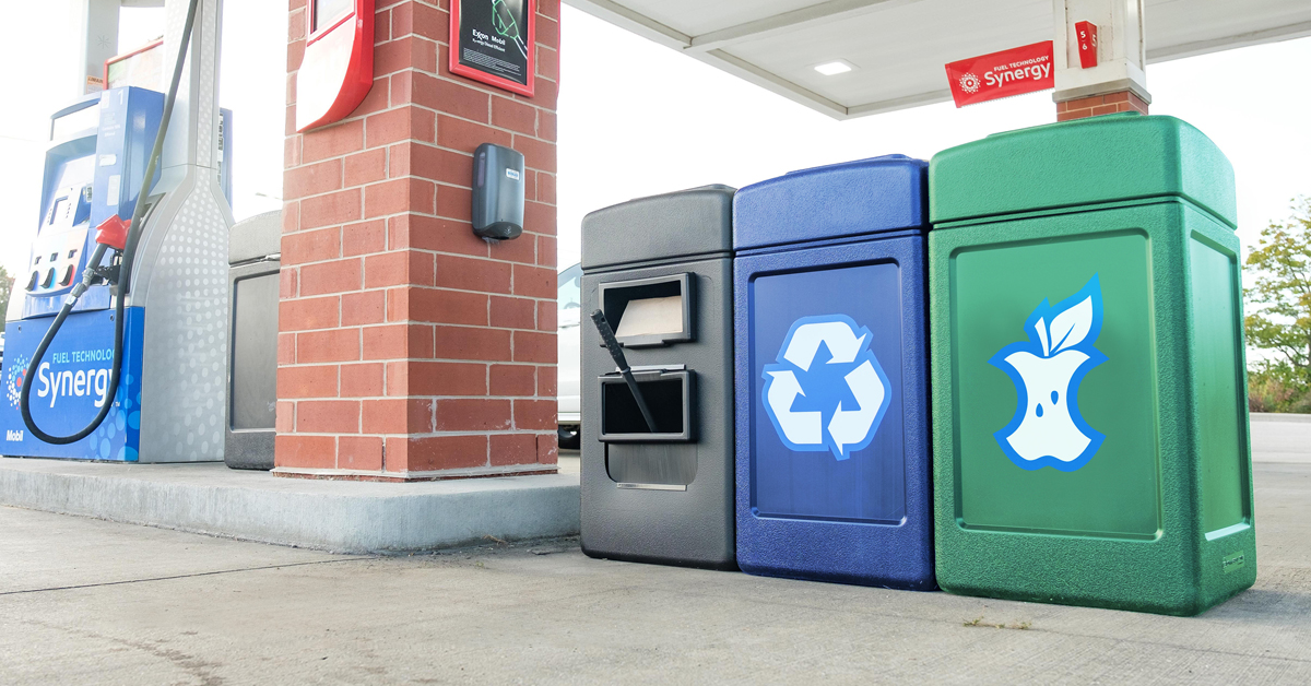 multi-stream waste, recycling and compost receptacles at a gas station
