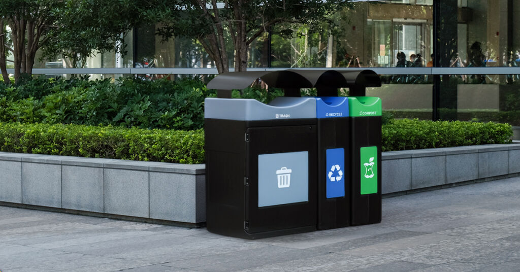 Avante Series trash, recycling and compost receptacles located outside of a business